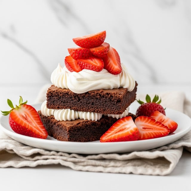 A square piece of dark brown chocolate cake sits in the center of a white plate on a white marbled surface; the cake has a moist and dense texture. On top of the cake, there is a layer of bright red strawberry slices scattered unevenly. Behind the strawberries, a thick swirl of white whipped cream adds a soft and fluffy texture. More strawberry slices spill onto the plate around the cake, creating a fresh and colorful contrast. A soft, beige cloth is laid casually near the plate in the foreground. photo taken with an iphone --ar 4:5 --v 7