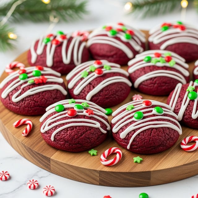 A round wooden board holds several red velvet donuts, each topped with a thick white icing drizzle, small green and red sprinkles, and tiny pieces of candy cane. The donuts have a rich red color and soft, slightly textured surface beneath the glossy white drizzle. Candy canes are placed around the board, and some green pine branches peek in from the edges, all set on a white marbled surface with soft holiday lights blurred in the background. Photo taken with an iphone --ar 4:5 --v 7