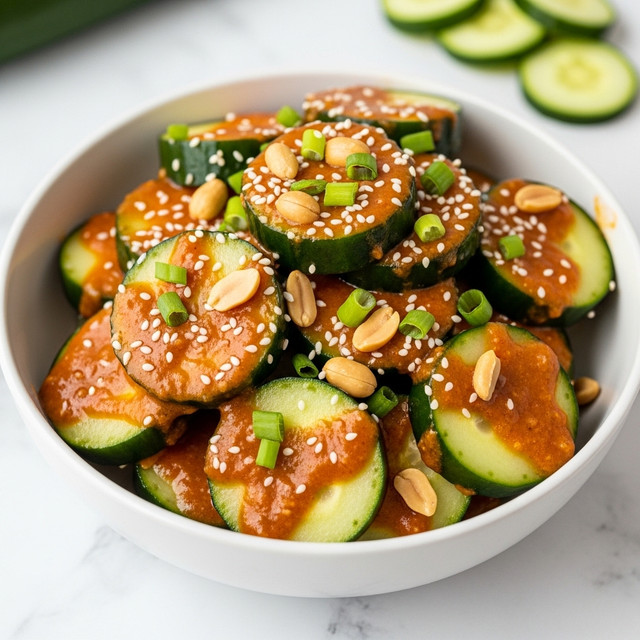 A close-up view of a white bowl filled with thinly sliced round cucumber pieces layered evenly throughout. The cucumbers are topped with a smooth, shiny, orange-colored sauce that coats many of the slices. Scattered over the top are small chunks of light brown peanuts and chopped green onions adding texture and a pop of color. White sesame seeds are sprinkled lightly across the dish, enhancing the fresh and colorful look. The bowl rests on a white marbled surface. photo taken with an iphone --ar 4:5 --v 7