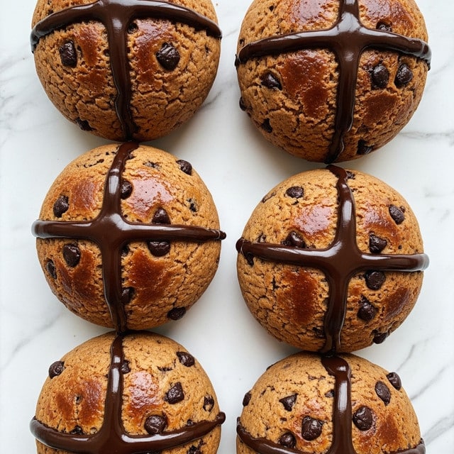 Six round muffins with a golden brown top, each one marked by a dark chocolate cross pattern on their surface. The muffins have a slightly rough texture with some cracks and visible dark chocolate chunks embedded inside. They are arranged closely in two rows of three on a white marbled surface, with shiny chocolate drizzle adding a rich depth against the warm baked color. photo taken with an iphone --ar 4:5 --v 7