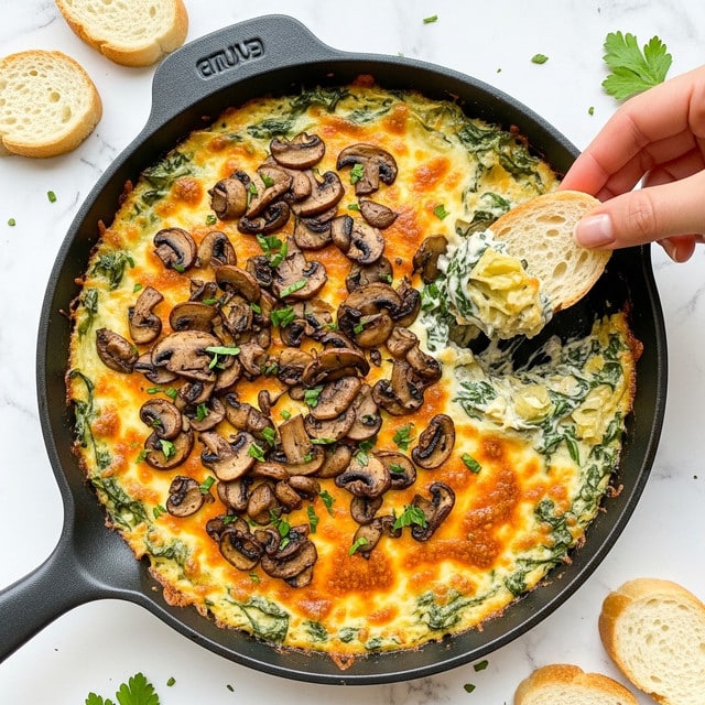 A round, black cast iron dish filled with a creamy baked dip topped with melted golden cheese and browned mushrooms scattered evenly on the surface. The dip looks thick and rich, with small green herb pieces sprinkled on top, adding color contrast. A toasted slice of bread is dipped into the dip on the right side, held by a woman's hand, showing the creamy texture clinging to the bread. The dish sits on a white marbled texture. photo taken with an iphone --ar 4:5 --v 7