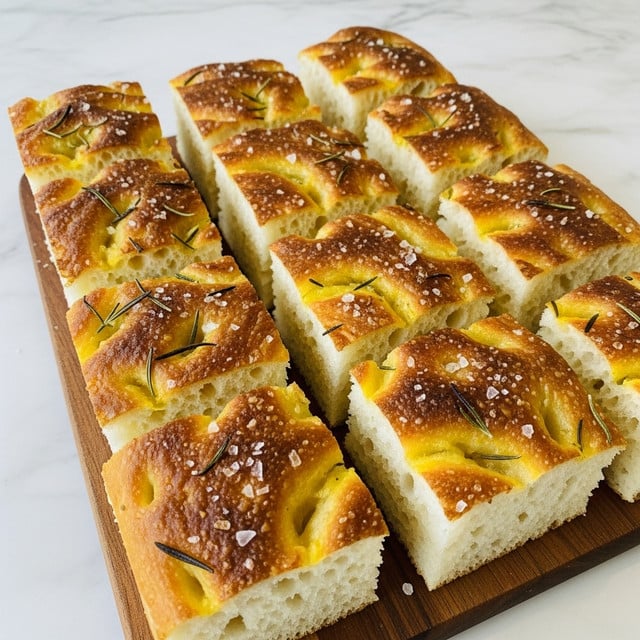 The image shows twelve thick square pieces of golden brown focaccia bread arranged on a wooden board. The bread has a light, airy white inside with uneven holes and a crispy, slightly charred top crust colored in shades of golden yellow and dark brown. Small bits of rosemary and coarse salt are scattered on the crust, adding texture and color. The wooden board is placed on a white marbled surface. photo taken with an iphone --ar 4:5 --v 7
