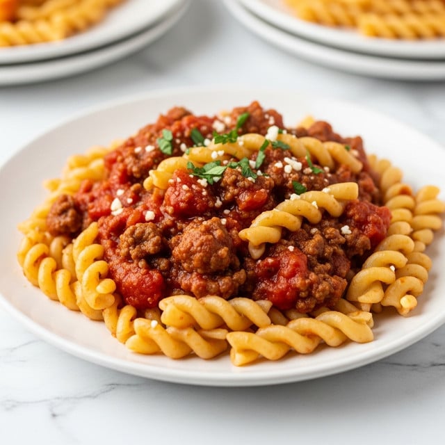 A white plate holds a serving of twisted pasta coated in a rich red tomato sauce mixed with pieces of browned ground meat, creating a hearty texture. The pasta is topped with a small sprinkle of chopped fresh green herbs and a few scattered small bits of white cheese. The dish sits on a white marbled surface, with two blurred white plates with other foods in the background. Photo taken with an iphone --ar 4:5 --v 7
