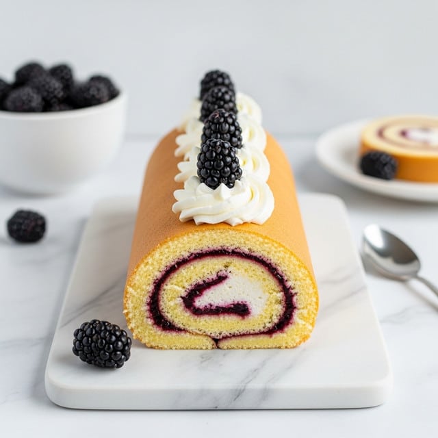 A rolled cake sits on a wooden board with a golden brown outer layer. Inside, it has 5 visible spiral layers: the light yellow cake, a thin dark purple jam layer, a thick white cream layer, a repeating thin dark purple jam layer, and the light yellow cake again. On top of the roll, there are 5 dollops of white cream with tiny black specks, each topped with a fresh blackberry. Behind the roll, there is a white bowl filled with blackberries and a white plate holding a slice of the cake with the same spiral layers and a blackberry on top. A single blackberry sits in front of the wooden board on a white marbled surface. photo taken with an iphone --ar 4:5 --v 7