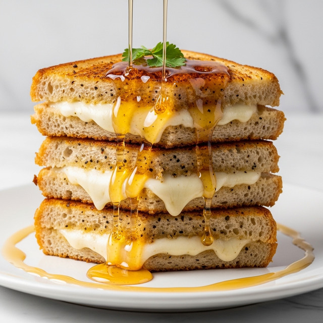 A tall stack of four grilled cheese sandwiches, each layer showing golden-brown toasted bread with a crunchy, slightly charred texture, filled with thick, melted white cheese that stretches slightly between the slices. Golden syrup is being poured generously over the stack, dripping down the sides and pooling on the white plate beneath. A small sprig of green herbs lies delicately on top, adding a fresh contrast to the warm brown and yellow tones. The background shows a soft white marbled texture, giving a clean and elegant feel to the image. photo taken with an iphone --ar 4:5 --v 7
