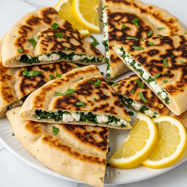 The image shows several triangular pieces of flatbread stuffed with a green leafy filling mixed with white cheese. Each piece has two layers: a golden-brown, slightly crispy outer layer with darker browned spots and a rich green filling mixed with creamy white cheese inside. The flatbread slices are arranged on a plate with lemon slices on the side, all placed on a white marbled surface. Small green herbs are sprinkled lightly on the bread, adding a fresh touch. photo taken with an iphone --ar 4:5 --v 7