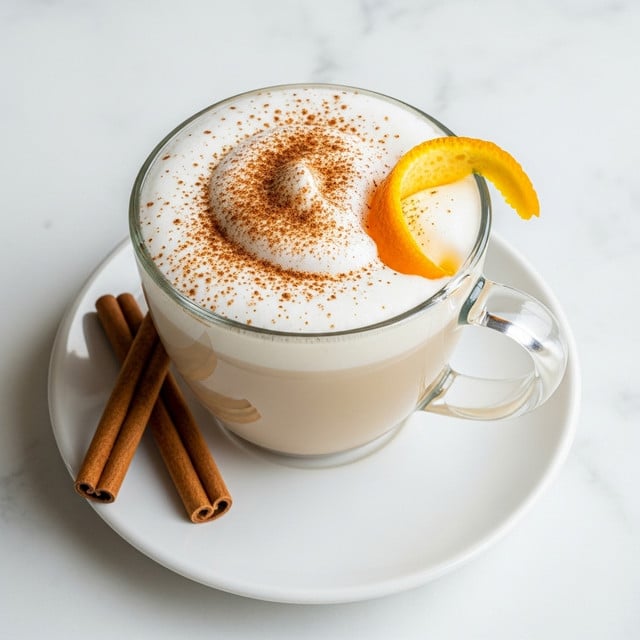 A clear glass cup with a handle holds a creamy light brown drink topped with a thick layer of white foam sprinkled with dark brown cinnamon powder. On one side of the foam, a bright orange peel curl rests, adding a pop of color. The cup sits on a plain white saucer with two cinnamon sticks leaning against its side. The whole setup is placed on a white marbled surface. photo taken with an iphone --ar 4:5 --v 7