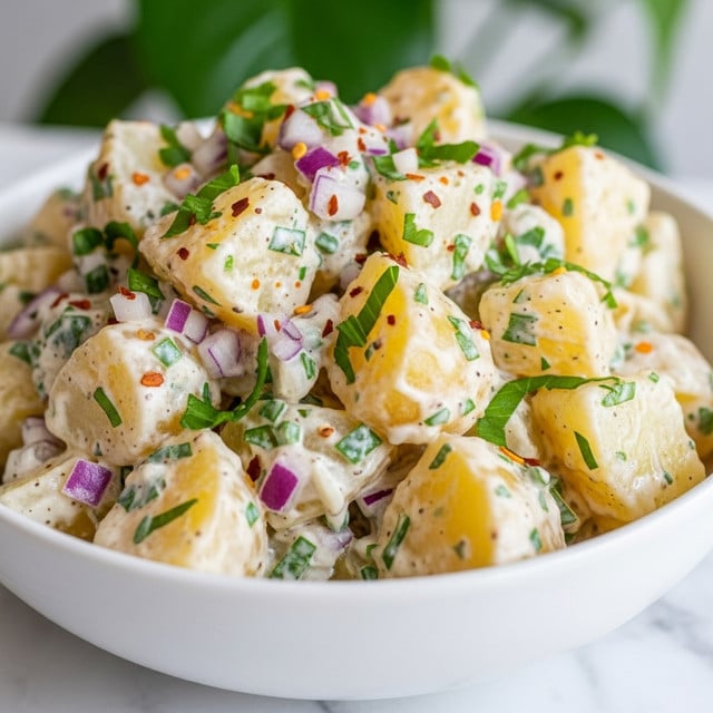 A white bowl is filled with a creamy potato salad that shows about three main layers: large chunks of off-white boiled potatoes, mixed with bright yellow creamy dressing, and specks of chopped purple red onions distributed evenly throughout. On top, finely chopped green herbs and spring onion pieces are sprinkled, adding touches of bright green color and texture. Small red chili flakes are scattered on the surface, giving light red dots across the salad. The bowl is placed on a white marbled texture surface with blurred green leaves and a wooden board softly visible in the background. photo taken with an iphone --ar 4:5 --v 7