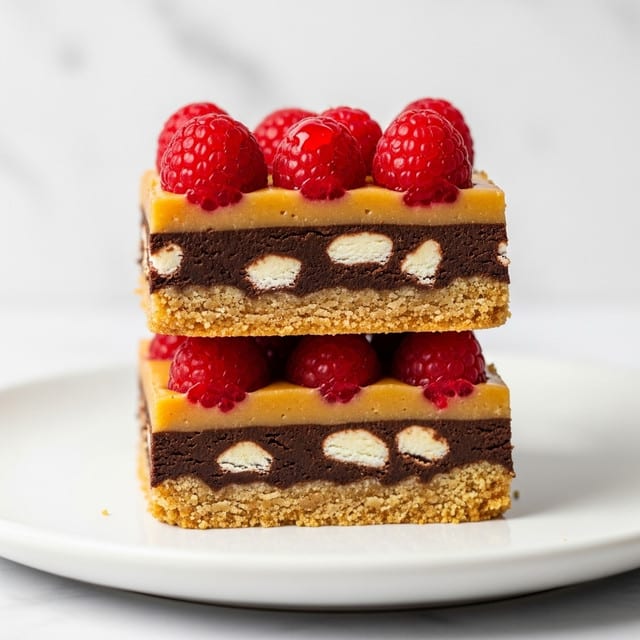 Two square dessert bars stacked on a white plate with a white marbled texture surface. Each bar has four layers: a crumbly light golden brown crust at the bottom, a dark brown dense layer mixed with white cream spots above it, a semi-translucent gooey golden caramel-like layer with scattered white cream bits, and a top layer decorated with shiny red cherries and small red berry pieces embedded in the caramel. The edges show the layers clearly with a slightly rough texture on the crust and glossy fruit on top. Photo taken with an iphone --ar 4:5 --v 7