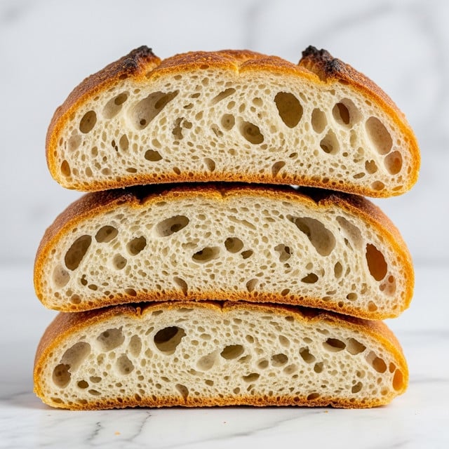 Four slices of bread are stacked on top of each other, showing the soft, airy inside with many irregular holes. Each slice has a golden brown crust that looks crisp, and the interior is light and fluffy with a white color. The stack is placed on a white marbled surface, giving a clean, simple background. photo taken with an iphone --ar 4:5 --v 7