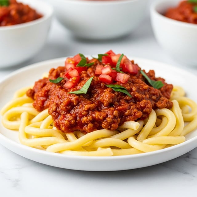 A white plate on a white marbled surface holds a serving of twisted pasta covered in a rich red tomato sauce mixed with ground meat. On top, there are small pieces of bright red tomato and green herbs scattered, adding a fresh look. The pasta is thick and yellowish, sitting in a slightly thick sauce that coats it well. In the background, blurred, are more white bowls with food that add depth to the image. photo taken with an iphone --ar 4:5 --v 7