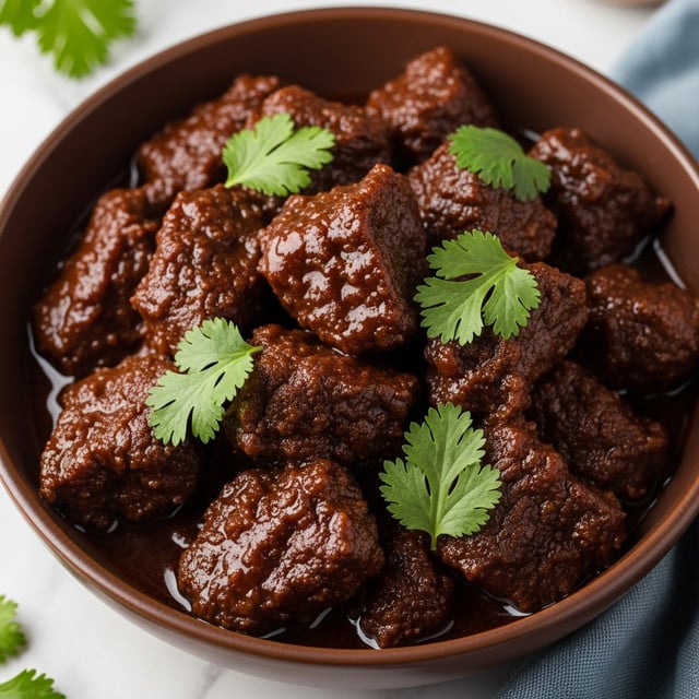 A close-up view of a brown bowl filled with dark brown, thick beef stew pieces coated in rich sauce, the stew has a glossy texture and is garnished with fresh green cilantro leaves scattered on top. The bowl sits on a white marbled surface, with hints of a blue cloth visible nearby. Photo taken with an iphone --ar 4:5 --v 7