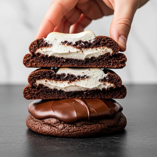 The image shows two stacked chocolate cookies on a white marbled surface. The bottom cookie is whole, dark brown, and smooth with a slightly shiny chocolate coating on top. The top cookie is broken in half, revealing a white creamy filling and soft, moist chocolate cookie layers inside. There is a soft light that highlights the rich texture of the chocolate and the creamy filling. The background is softly blurred but consistent with a white marbled texture. photo taken with an iphone --ar 4:5 --v 7