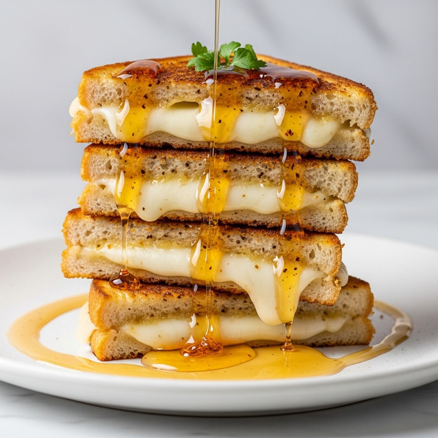 A close-up image of a stack of four grilled cheese sandwiches, each with a golden-brown, crispy crust that has specks of seasoning and melted cheese oozing slightly from between the slices. The cheese layers are white and creamy, evenly spread inside each sandwich. Thick honey or syrup is slowly dripping down the sides of the stack, creating a shiny glaze over the crispy bread. There is a small sprig of green herb placed on top for garnish. The stack is placed on a white plate with a pool of the same syrup around the base, set against a white marbled surface in soft lighting. Photo taken with an iphone --ar 4:5 --v 7