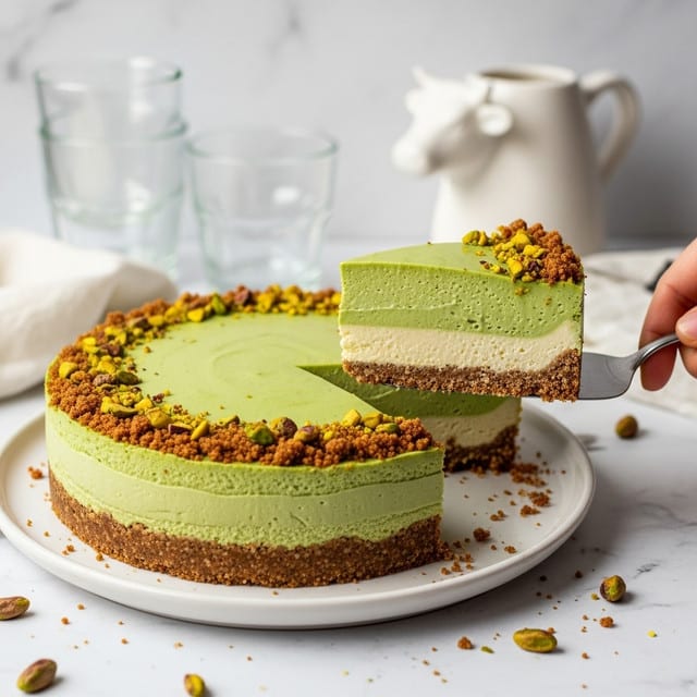 A thick slice of green pie is being lifted from a whole pie on a white plate, placed on a white marbled surface with scattered pistachio nuts and old papers beneath. The pie has three layers: a thick, crumbly light brown crust forming tall sides and the base, a dense creamy light green filling in the middle, and a smooth slightly glossy darker green top layer. Crushed pistachios are sprinkled in a ring around the edge of the pie’s top. There is a clear glass and a white ceramic cow figure in the blurry background. Photo taken with an iphone --ar 4:5 --v 7