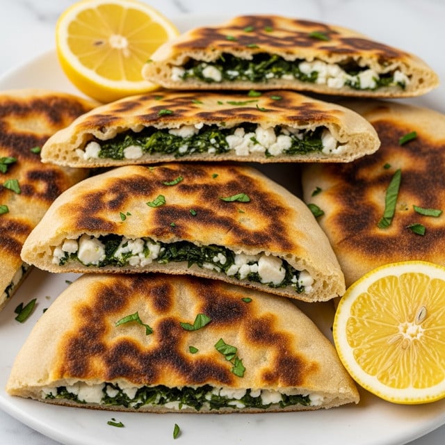The image shows several triangular flatbread pieces filled with layers of green spinach and white cheese, each piece revealing a close-up of the two-layer filling inside a golden-brown, crispy flatbread crust. The crust has an uneven toasted pattern of light and darker golden spots. The flatbread pieces are arranged on a white plate with a white marbled surface underneath, scattered with small green herb bits on top. Surrounding the flatbread, there are a few bright yellow lemon slices adding contrast to the warm colors of the dish. Photo taken with an iphone --ar 4:5 --v 7
