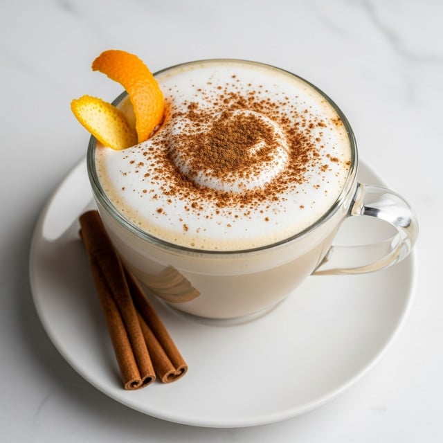 A clear glass mug filled with a layered drink sits on a white saucer against a white marbled surface. The bottom layer is a light beige liquid, topped with a thick, white frothy foam layer sprinkled with reddish-brown spice powder. An orange peel wedge decorates the rim of the mug, while a cinnamon stick rests diagonally on the saucer below the mug. Photo taken with an iphone --ar 4:5 --v 7