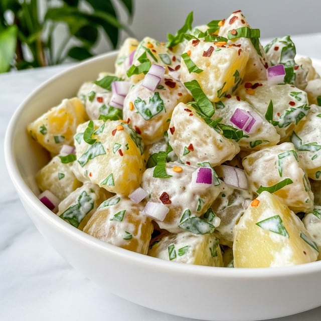 A close-up view of a white bowl filled with creamy potato salad, showing chunky pieces of light yellow potatoes mixed with a smooth dressing. Scattered throughout are small purple onion cubes and finely chopped green herbs, adding bright green and purple colors. The salad has a soft, creamy texture with specks of red chili flakes on top. The bowl is placed on a white marbled surface with a blurred green plant in the background. photo taken with an iphone --ar 4:5 --v 7