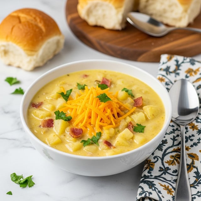 A white bowl filled with creamy yellow potato soup mixed with small chunks of potatoes and bits of bacon is centered on a white marbled surface. On top of the soup, there is a neat pile of bright orange shredded cheddar cheese and chopped green parsley. In the background, there are a round bread roll and a wooden board holding a halved bread roll with a spoon resting inside. A patterned cloth napkin and a silver spoon lie beside the bowl. Small green parsley pieces are scattered around the bowl. Photo taken with an iphone --ar 4:5 --v 7
