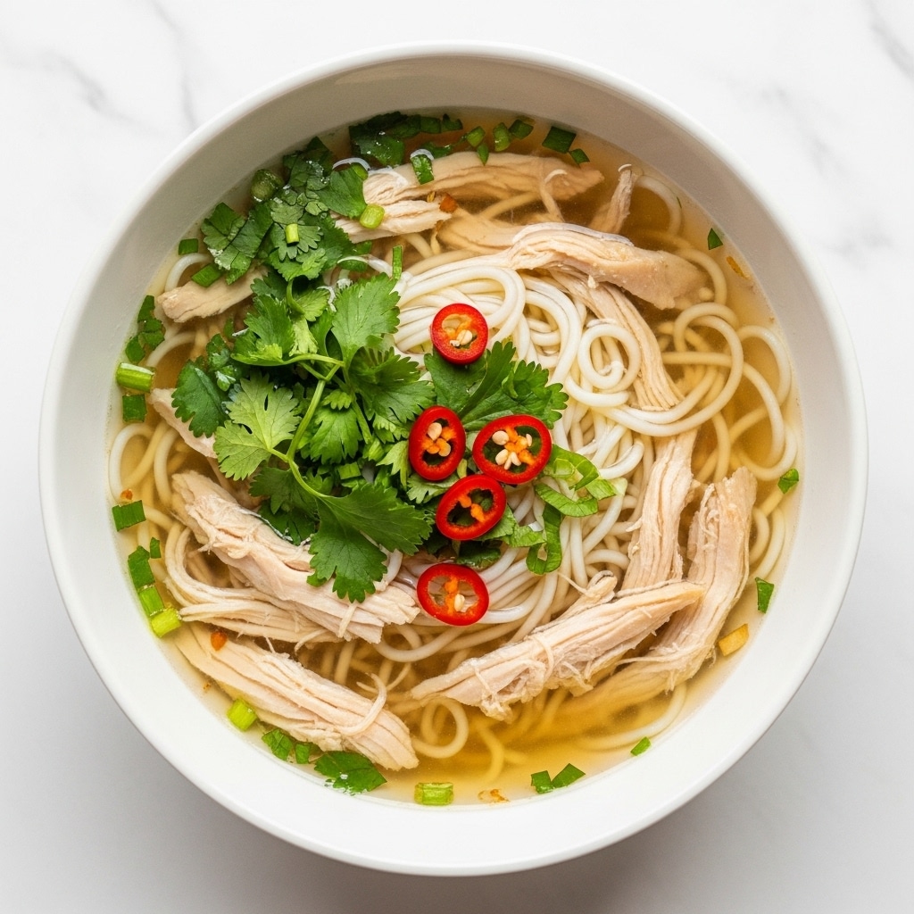 A bowl with white rims filled with a clear broth containing light brown shredded chicken pieces and white noodles swirling throughout. On top, there are bright green chopped herbs and small red chili slices scattered evenly. The bowl sits on a white marbled surface, giving a clean look to the simple, comforting soup. Photo taken with an iphone --ar 4:5 --v 7