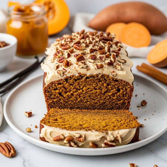 The image shows a loaf of moist pumpkin bread with one thick slice cut and placed in front on a white round plate. The bread has a warm orange-brown color with a soft, crumbly texture inside and a darker, firm crust outside. On top of the loaf is a thick layer of creamy tan frosting, sprinkled generously with chopped pecans that add a crunchy texture. The background features a white marbled surface with blurred items like a vanilla bean, a jar of pumpkin puree, cinnamon stick, and sweet potatoes. photo taken with an iphone --ar 4:5 --v 7
