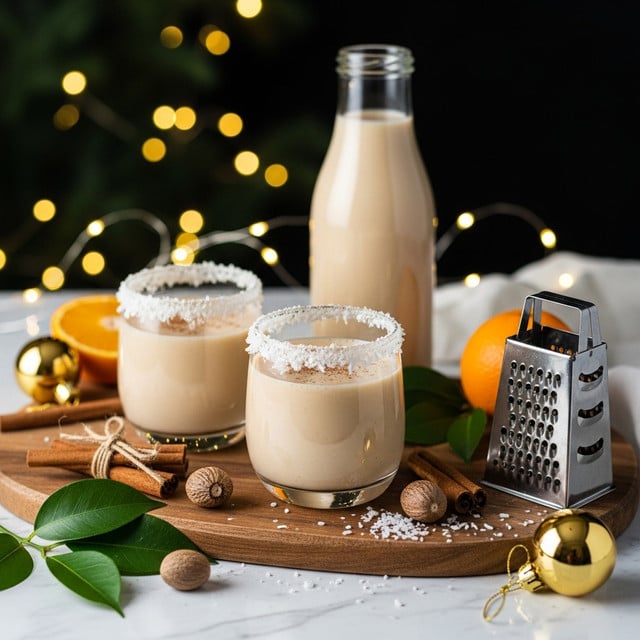Two clear glasses filled with a creamy tan drink sit on a wooden board. Each glass has a rim coated with white shredded coconut. Behind the glasses is a tall bottle of the same light tan drink. Surrounding the drinks are cinnamon sticks, whole nutmeg, a metal grater, green leaves, an orange fruit, and two gold Christmas ornaments. Twinkling warm fairy lights and blurry dark green plants create a cozy background. The surface is a white marbled texture. photo taken with an iphone --ar 4:5 --v 7