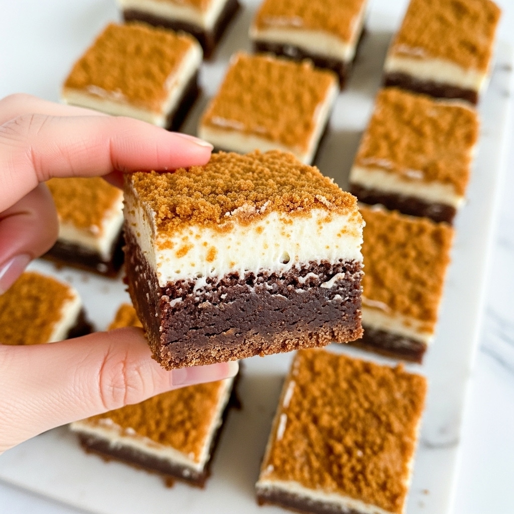 A close-up image showing a woman's hand holding a square dessert bar with three visible layers: a dark brown, dense brownie base, a creamy white middle layer, and a thick light brown crumbly topping dusted on top. In the background, more square pieces of the same dessert are spread out on a white marbled surface. The overall look is warm and cozy, with the dessert's textures clearly visible. Photo taken with an iphone --ar 4:5 --v 7