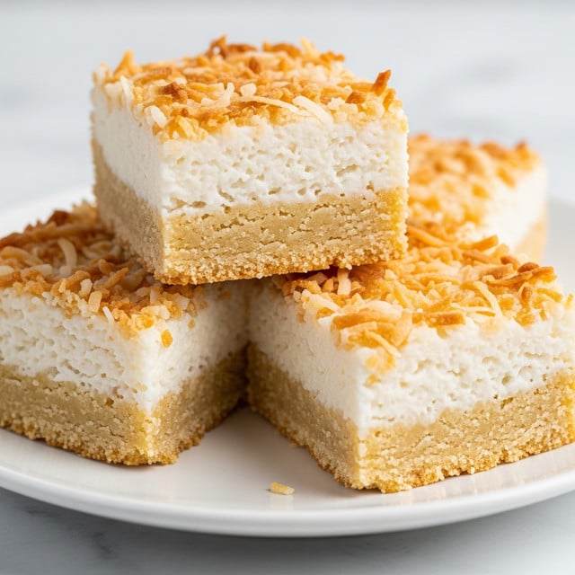 A close-up of three square bars stacked on a white plate, each bar showing two layers: a light golden-brown crust at the bottom and a thick, moist, white coconut layer on top. The top layer is covered with toasted shredded coconut, giving a crunchy texture with specks of golden brown and white. The bars look soft and slightly crumbly, with the top bar sitting slightly tilted on the middle one, and the bottom bar flat on the plate. The plate sits on a white marbled surface. photo taken with an iphone --ar 4:5 --v 7