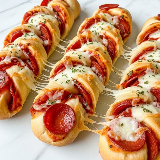 The image shows three braided bread sticks on a white marbled surface. Each bread stick has multiple layers twisted together, with the top layer covered in melted white cheese that looks stretchy and smooth. Between the cheese layers, there are slices of reddish-brown pepperoni, adding a glossy and slightly greasy texture. Red tomato sauce is spread unevenly over the cheese and pepperoni layers, giving a vibrant color contrast. Small green herbs are sprinkled on top, adding a touch of freshness. The bread underneath appears soft with a light golden crust. Photo taken with an iphone --ar 4:5 --v 7