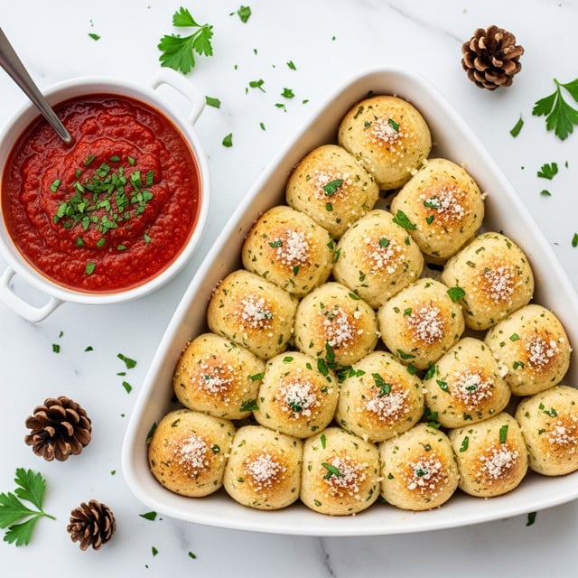 The image shows a white triangular baking dish filled with 18 small, round garlic bread balls arranged in close rows. Each bread ball is golden brown on the top with a slightly crispy texture, sprinkled with finely chopped green herbs and grated Parmesan cheese. To the left of the dish, there is a small white bowl filled with thick, red marinara sauce topped with chopped herbs, and a spoon is resting inside the bowl. The background is a white marbled surface with scattered herbs and pinecones around, adding a touch of natural decoration. Photo taken with an iphone --ar 4:5 --v 7