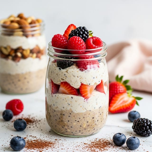 A clear glass jar with three visible layers: the bottom layer is a thick, light brown oatmeal with small dark specks, the middle layer is a creamy off-white mixture with tiny black seeds, and the top layer is fresh fruit, including whole red raspberries, sliced strawberries, and blackberries. The jar sits on a white marbled surface scattered with cocoa powder, a halved strawberry, and whole berries around it. In the background, another similar jar topped with nuts is blurred, and a light pink cloth is draped on the right side. Photo taken with an iphone --ar 4:5 --v 7