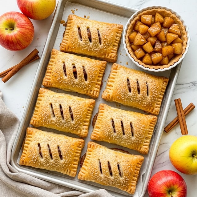 A tray filled with eight golden-brown rectangular hand pies arranged closely together, each with three cuts on the top crust showing a slightly darker filling inside; the crust is flaky and sprinkled with coarse sugar, creating a crunchy texture; in the top right corner of the tray, there is a small white tart tin filled with glossy, caramelized apple chunks; around the tray on the white marbled surface, there are three red and yellow apples and two cinnamon sticks placed diagonally; a corner of a light brown cloth napkin is visible at the bottom left, completing the cozy setting. photo taken with an iphone --ar 4:5 --v 7