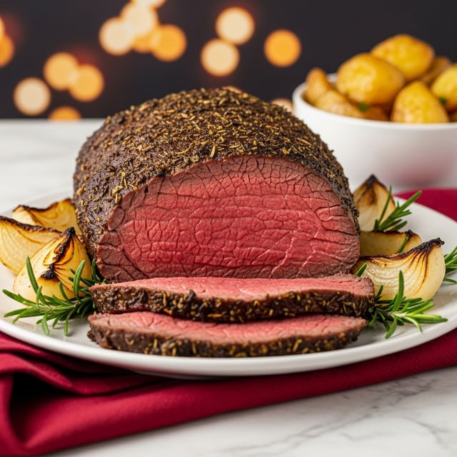 A thick cut roast beef is shown with a dark brown crispy crust full of herbs on the outside, revealing a juicy, pink center. The roast is sliced into three pieces, with the largest piece showing the pink center and two thinner slices lying flat in front. The beef rests on a bed of green rosemary sprigs and is garnished with roasted and browned onion wedges around it. The dish is on a white plate, placed over a deep red cloth on a white marbled surface. In the background, there are blurred lights and a white bowl with golden roast potatoes. Photo taken with an iphone --ar 4:5 --v 7