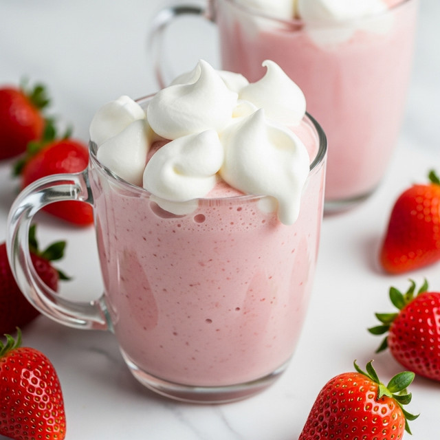 A clear glass mug filled with a smooth, creamy pink strawberry drink, topped generously with white, soft whipped cream dollops that slightly spill over the edge, giving a fluffy and light texture. The mug has a clear handle, and in the background, there is a blurred second glass of the same drink. Scattered around the base of the mugs are bright red fresh strawberries on a white marbled surface. The overall feel is fresh, creamy, and inviting. photo taken with an iphone --ar 4:5 --v 7