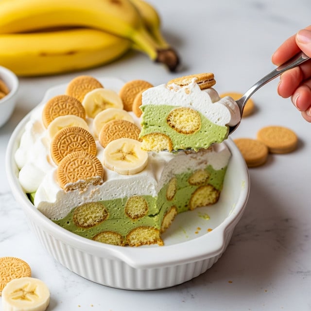 A white oval dish holds a slice of layered dessert starting with a light green creamy base at the bottom that has a smooth texture mixed with round yellowish cake pieces, followed by a thicker layer of the same green cream, then topped with a white whipped cream layer that is soft and fluffy. The top white layer is sprinkled with round and broken light brown vanilla wafer cookies and a few banana slices. A spoon lifts a piece showing the clear layers and round cookie pieces inside. The dish is placed on a white marbled surface with a bunch of ripe bananas in the background and some additional vanilla cookies scattered around. A woman's hand holds the spoon. photo taken with an iphone --ar 4:5 --v 7