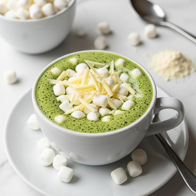 A white cup filled with a creamy green drink, topped with a layer of white mini marshmallows and thin white chocolate shavings scattered across the surface. The green drink has a smooth texture with tiny darker specks mixed in. The cup sits on a white saucer where a few marshmallows rest beside a small pile of white powder. In the background, there is another white cup filled with marshmallows and a silver spoon resting on a white marbled surface. photo taken with an iphone --ar 4:5 --v 7