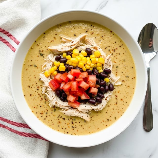 A white bowl filled with a creamy light yellow soup topped with shredded chicken, black beans, yellow corn, and diced red tomatoes, all arranged in the center creating a colorful mix. The soup has small bits of seasoning visible, and the bowl is placed on a white marbled surface next to a spoon on the right and a towel with red stripes on the left. photo taken with an iphone --ar 4:5 --v 7
