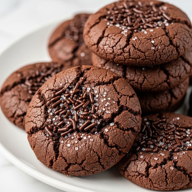 A close-up of a stack of soft, round chocolate cookies on a white plate, each cookie showing a cracked texture with dark brown tones. The cookies are topped with dark brown chocolate sprinkles and coarse sparkling sugar crystals that catch the light, adding a rough texture on top. The background is a white marbled surface that softly contrasts with the rich, dark cookies. The image focuses mainly on the front cookies with a shallow depth of field, giving a warm, inviting feel. Photo taken with an iphone --ar 4:5 --v 7
