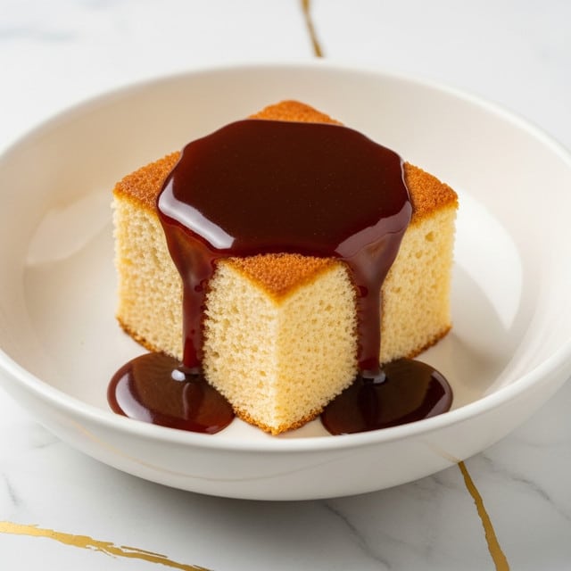 Two white bowls sit on a white marbled surface, each containing a single square piece of soft, light brown cake. The cake has a slightly crumbly texture, with a few tiny holes visible on its surface and edges. Each cake piece is soaked and partly covered in a thick, glossy, dark caramel sauce that pools around the base in the bowl, creating a shiny, rich contrast with the lighter cake. The photo is taken from above, showing the bowls and dessert clearly. photo taken with an iphone --ar 4:5 --v 7