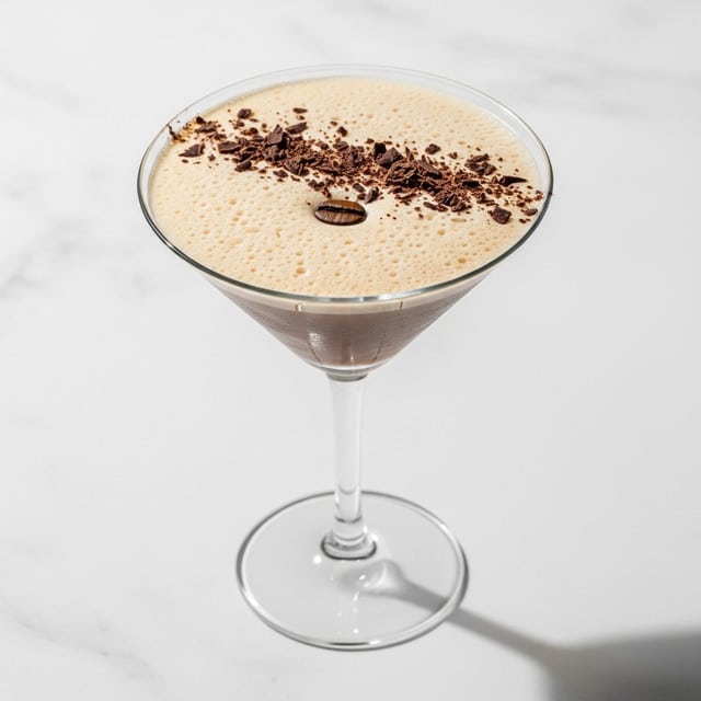 A clear martini glass filled with a light brown creamy drink topped with a frothy layer. On the froth, there are dark brown chocolate shavings and a single glossy coffee bean placed near the center. The glass is standing on a white marbled surface, casting a soft shadow. The drink has one visible layer, a smooth light brown color with tiny bubbles on the frothy top. photo taken with an iphone --ar 4:5 --v 7