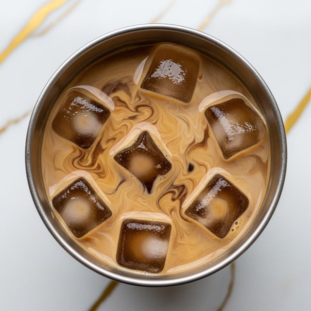 The image shows a close-up top view of a metal cup filled with iced coffee. Inside the cup, there are five clear ice cubes floating on a creamy light brown liquid with dark coffee swirls mixing through it, creating a marbled effect. The cup is placed on a white marbled surface with gold veins running through it, adding an elegant touch. The cold drink looks refreshing with smooth textures and a nice blend of light and dark brown colors. photo taken with an iphone --ar 4:5 --v 7