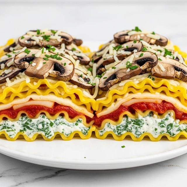 The image shows a close-up of two layers of lasagna rolls placed side by side on a white plate, set on a white marbled surface. Each roll has three visible layers: at the bottom, a slightly creamy white cheese and spinach mix; in the middle, bright red tomato sauce with some melted cheese; and on top, a layer of lasagna noodles that are bright yellow with ruffled edges, covered with browned and sautéed mushroom slices and sprinkled with shredded white cheese and finely chopped green herbs. The texture looks soft and cheesy with the mushrooms adding a slight roughness on top. Photo taken with an iphone --ar 4:5 --v 7