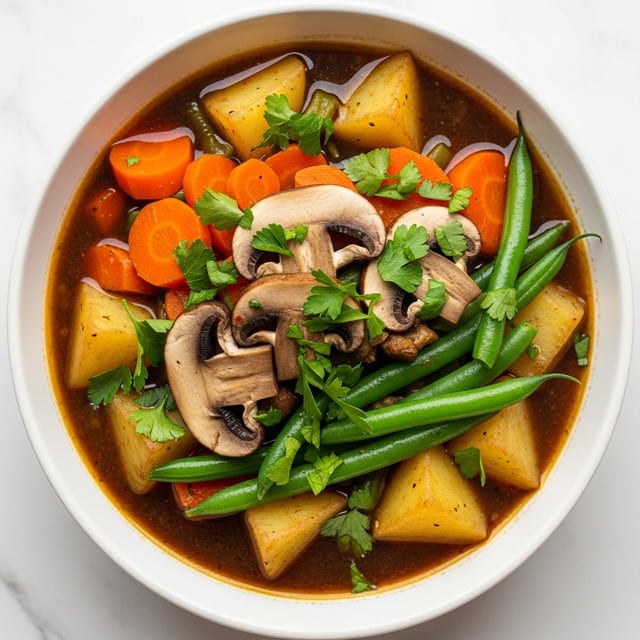 The image shows a bowl of vegetable stew with several layers of ingredients. The base layer is a dark, rich broth with a glossy texture spreading across a white bowl. Above the broth, there are chunks of golden potato, bright orange carrot pieces, and whole green beans arranged around the bowl. Slices of brown mushrooms with a soft texture are scattered among the vegetables. On top of all, fresh green parsley is sprinkled evenly, giving a fresh look to the dish. The bowl sits on a white marbled surface. photo taken with an iphone --ar 4:5 --v 7