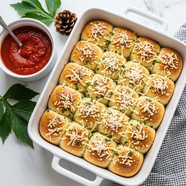The image shows a white rectangular baking dish filled with golden-brown garlic herb rolls. There are about thirty rolls closely packed in the dish, each topped with green chopped herbs and white shredded cheese, with a slightly shiny and crispy texture from baking. To the left of the dish, there is a small white bowl filled with bright red marinara sauce and a silver spoon inside it. The dish and bowl sit on a white marbled surface, with green leafy garnishes and a pine cone placed nearby. photo taken with an iphone --ar 4:5 --v 7