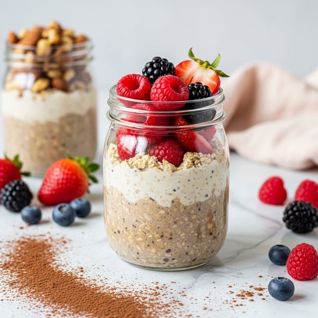 A clear glass jar filled with two layers of oatmeal: the bottom layer is light brown with a thick, creamy texture, while the top layer is lighter beige with a slightly grainy look. On top of the oatmeal sits a small cluster of fresh berries including whole strawberries, blackberries, and sliced strawberries, all showing deep red and dark purple colors. The jar is placed on a white marbled surface scattered with loose berries, crushed nuts, and brown powder. In the blurry background, another jar filled with oatmeal and topped with nuts is visible, alongside a white bowl and a soft, beige-colored cloth. photo taken with an iphone --ar 4:5 --v 7