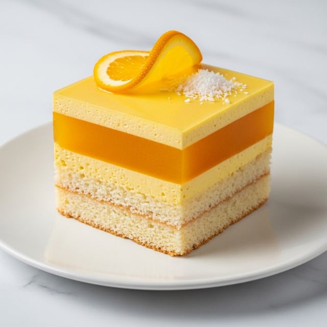 A close-up of a single square piece of cake placed on a white plate. The cake has two visible layers: a thick, moist light yellow base layer with a soft texture, topped with a thinner, glossy bright orange layer that looks smooth and jelly-like. On top, there are two small orange slices and a light sprinkling of white shredded coconut. The background is a white marbled texture. Photo taken with an iphone --ar 4:5 --v 7