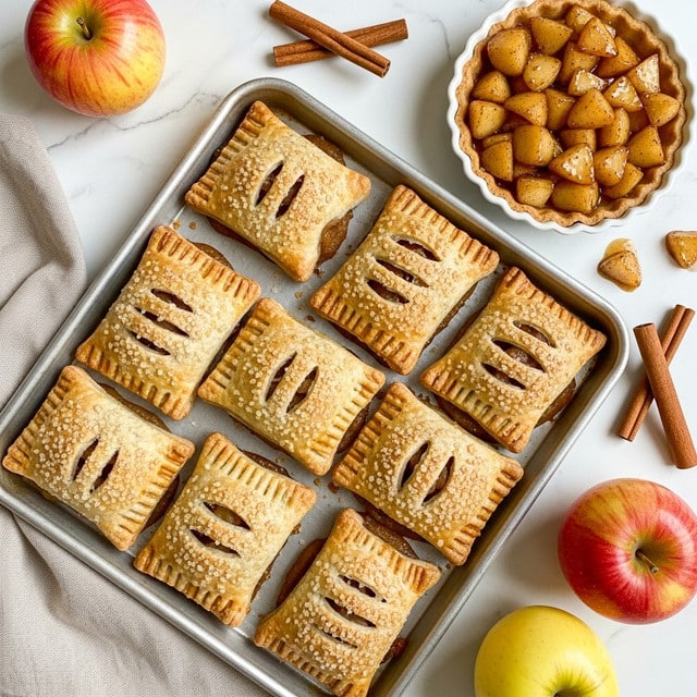 The image shows eight rectangular golden brown hand pies with a sugar-coated crust on a white baking tray lined with parchment paper, each hand pie has three small diagonal slits on top revealing a darker filling inside; a small fluted edge metallic cup beside the pies holds a glossy mixture of diced cooked apples in syrup; three fresh red and yellow apples are placed above the tray on a white marbled surface along with two sticks of cinnamon and a white ceramic mug partially seen on the left; a soft beige cloth is laid on the bottom left corner. photo taken with an iphone --ar 4:5 --v 7