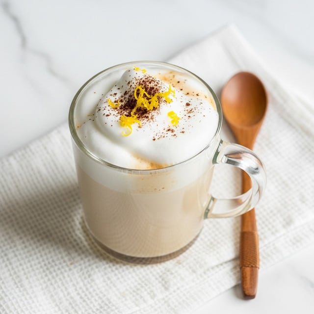 A clear glass filled with a creamy light beige drink, topped with a thick layer of white whipped foam that slightly overflows, sprinkled with small dark brown specks and bright yellow lemon zest on the surface; the glass is placed on a textured white cloth with a wooden spoon resting against its side, all set on a white marbled texture background. photo taken with an iphone --ar 4:5 --v 7