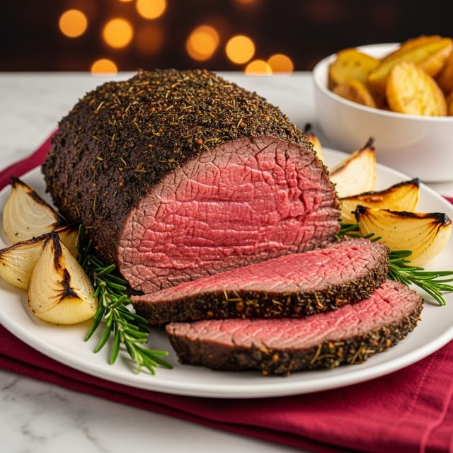A white plate holds a large, herb-crusted roast beef with a thick, dark brown outer crust speckled with green herbs. The beef is sliced to show a pink, juicy inside with three visible layers: a browned crust, a thin cooked outer layer, and a tender pink center. Around the beef, fresh green rosemary sprigs and roasted onion wedges create a fresh, textured border. In the blurred background on a white marbled surface, there are small roasted potatoes in a white bowl and a white bowl of creamy sauce. photo taken with an iphone --ar 4:5 --v 7