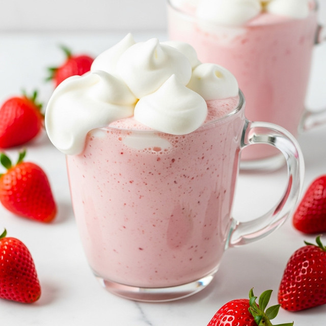 A clear glass mug filled with a creamy light pink strawberry smoothie, topped with a thick layer of white whipped cream pieces that add a fluffy texture on top. The mug handle is visible on the right side, and the smoothie fills the mug nearly to the brim. In the blurred background, another similar mug with the same pink smoothie and whipped cream is seen. Fresh whole strawberries are placed on a white marbled surface around the mugs, creating a soft and fresh atmosphere. photo taken with an iphone --ar 4:5 --v 7